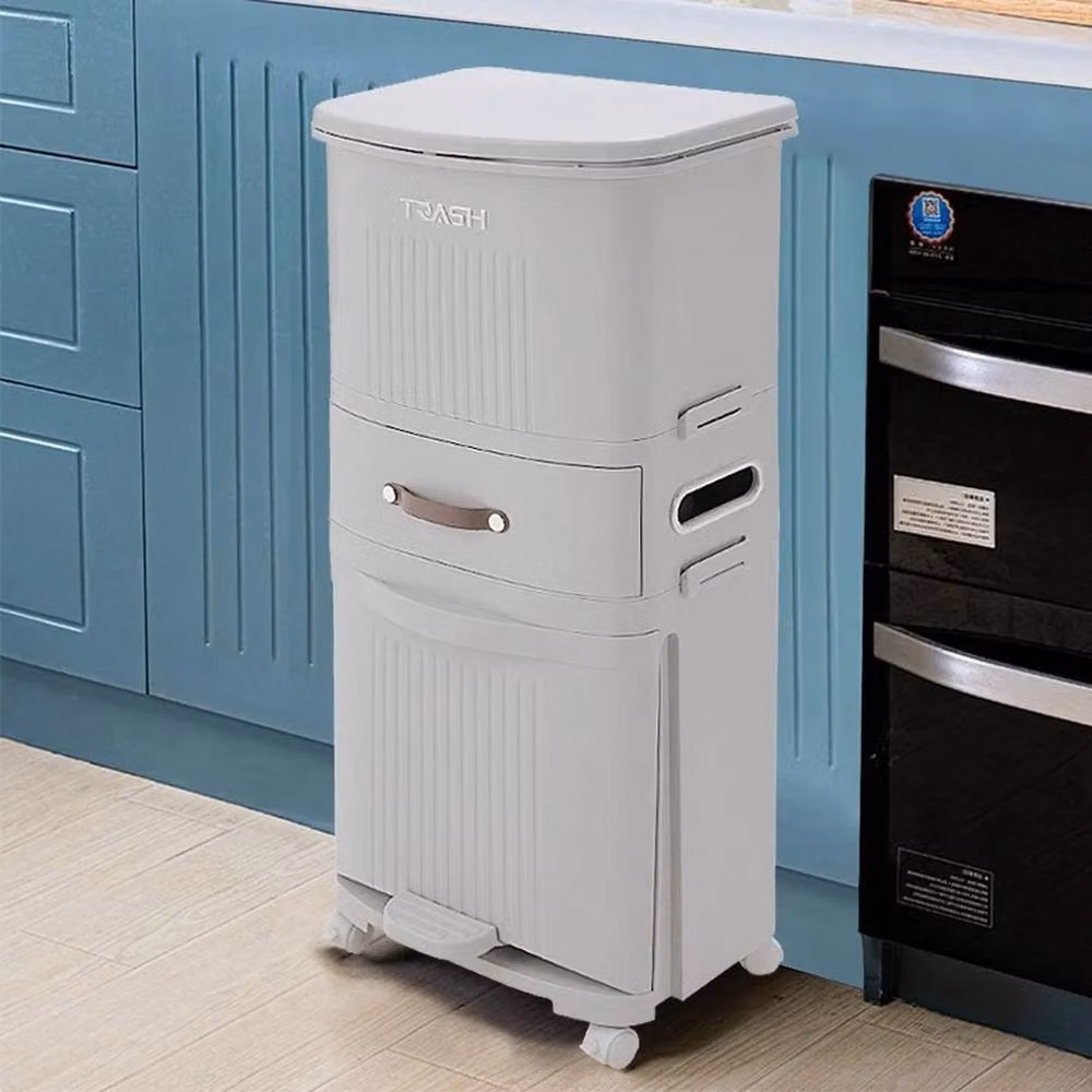 VOGREX 45L Slim 3-Tier Step-On Recycling Bin with Wheels in Grey – 3