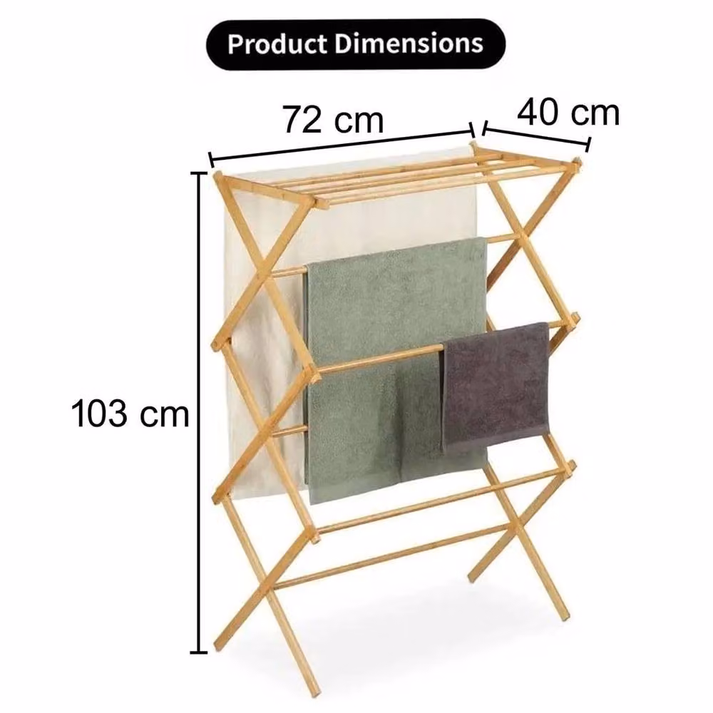 HOMION 3-Tier Foldable Bamboo Wooden Clothes Airer in Natural Brown, W/D/H: 103 x 40 x 72 cm – 2