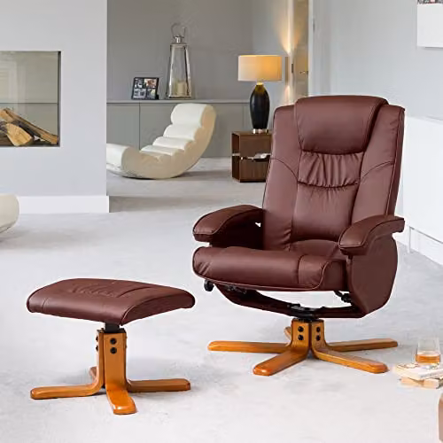Artemis Home Severn Burgundy Bonded Leather 360 Degree Swivel Recliner Chair and Matching Footstool, Width: 73 cm
