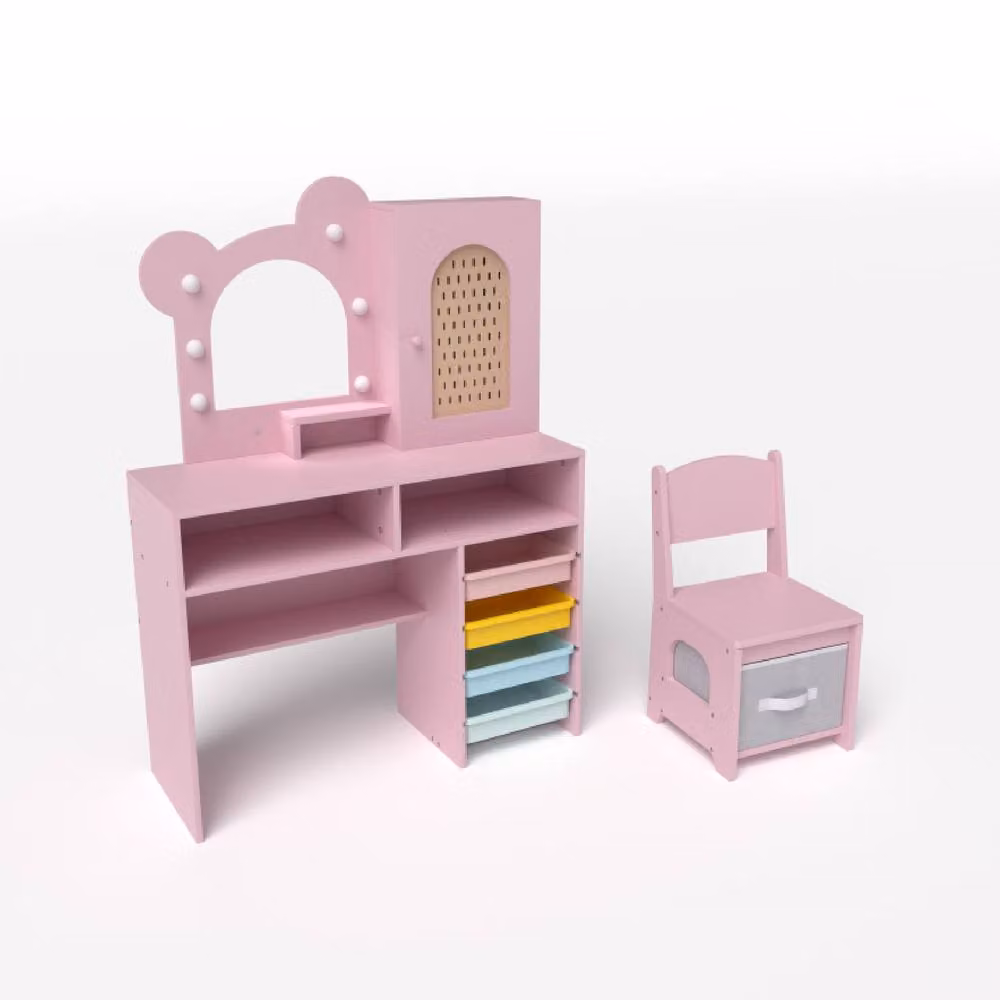 Costway Kids Princess Vanity Table and Chair Set with 5 Drawers and Lights in Pink – 2