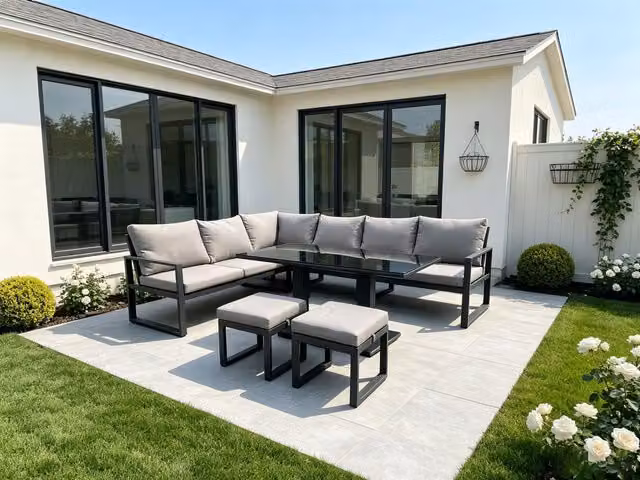 Fimous 8-Seater Corner Sofa Set with Height Adjustable Dining Table in Dark Grey Powder Coated Aluminium