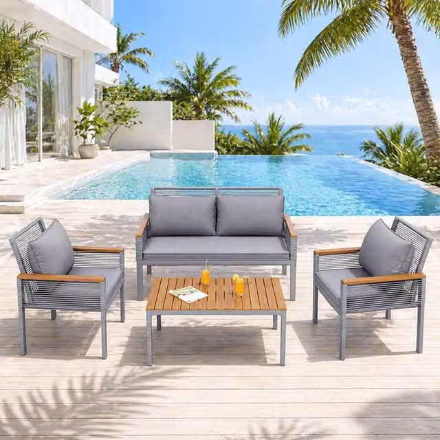Merax 4 Piece Grey Rattan Garden Sofa Set with Cushions and Acacia Wood Coffee Table – 1