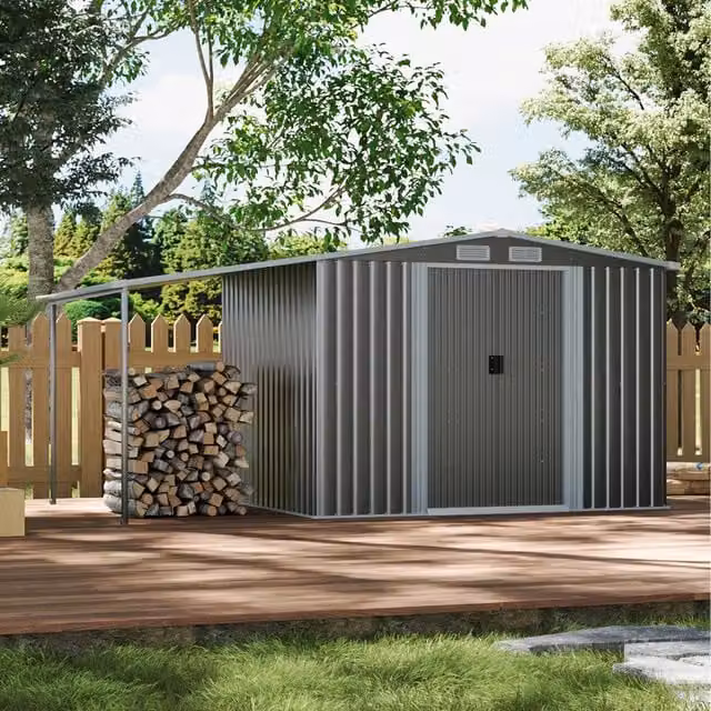 Livingandhome Open Gable Roof Metal Garden Shed with Firewood Rack in Matt Grey, W/D/H: 257 x 178 x 205 cm