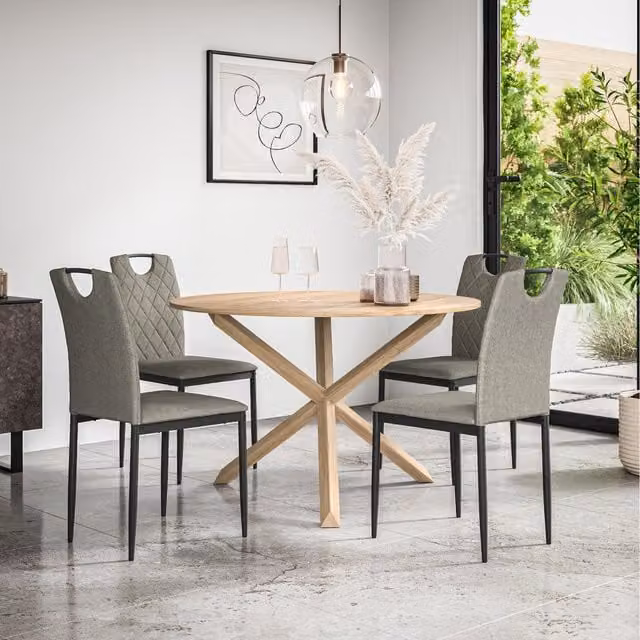 More4Homes Malvern Round Oak Effect Dining Table Set with 4 Monza Linen Chairs in Grey and Brown