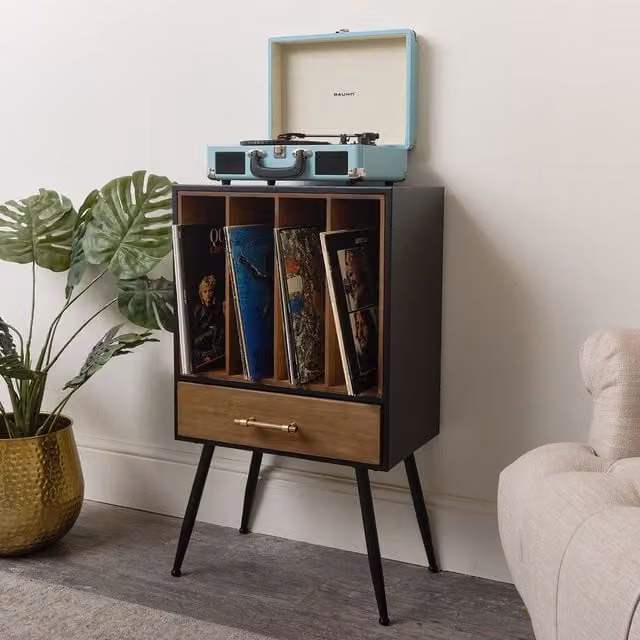 Melody Maison Mid-Century Modern Vinyl Record Storage Cabinet in Matt Black – 1