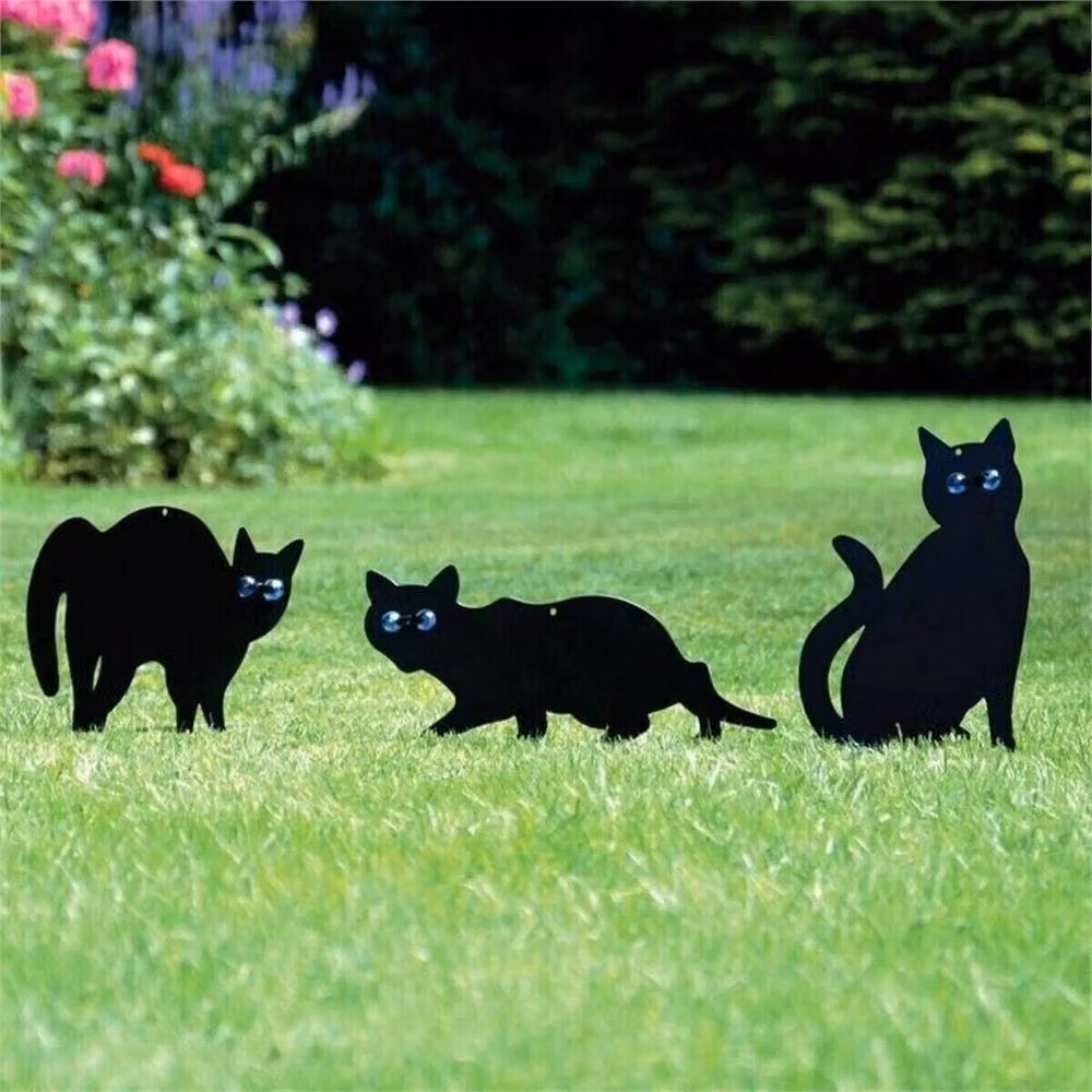 VOGREX 3-Piece Black Metal Garden Cat Silhouette Bird Scarer with Marble Eyes – 4