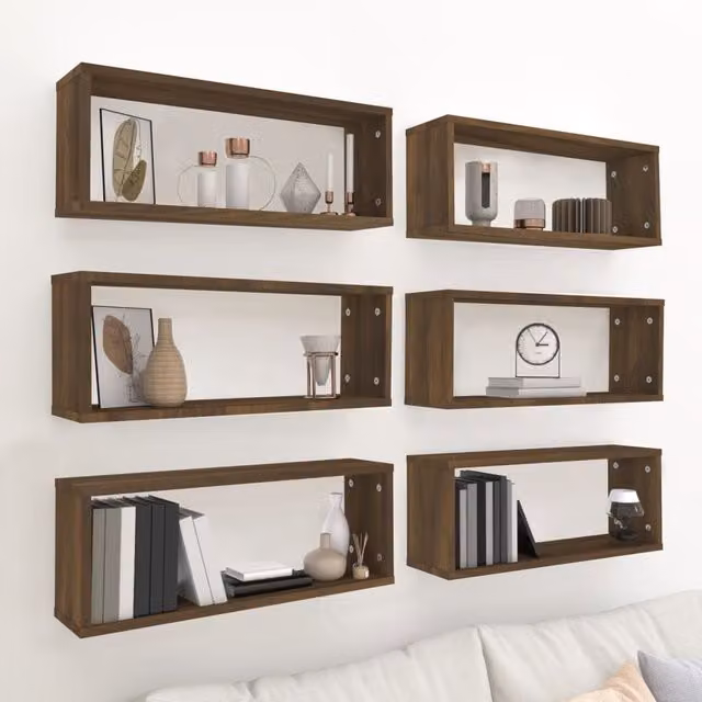 Berkfield Home Wall Mounted Cube Shelves, 6 Piece Set in Brown Oak, W: 60 cm, D: 23 cm, H: 15 cm