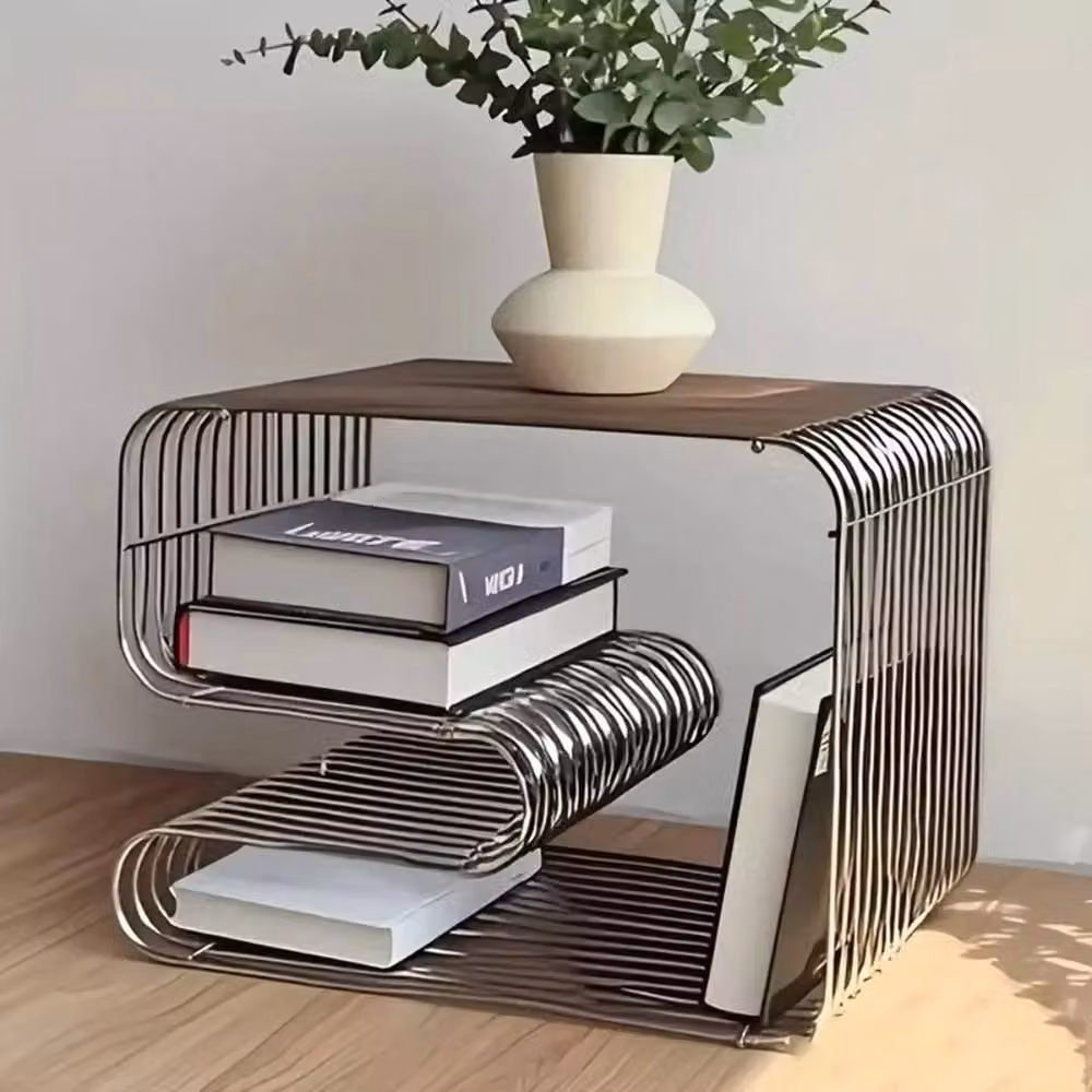 VOGREX Silver Metal Wire Side Table and Magazine Rack with Industrial Geometric Design, H 100 cm x W 15 cm x D 15 cm – 2