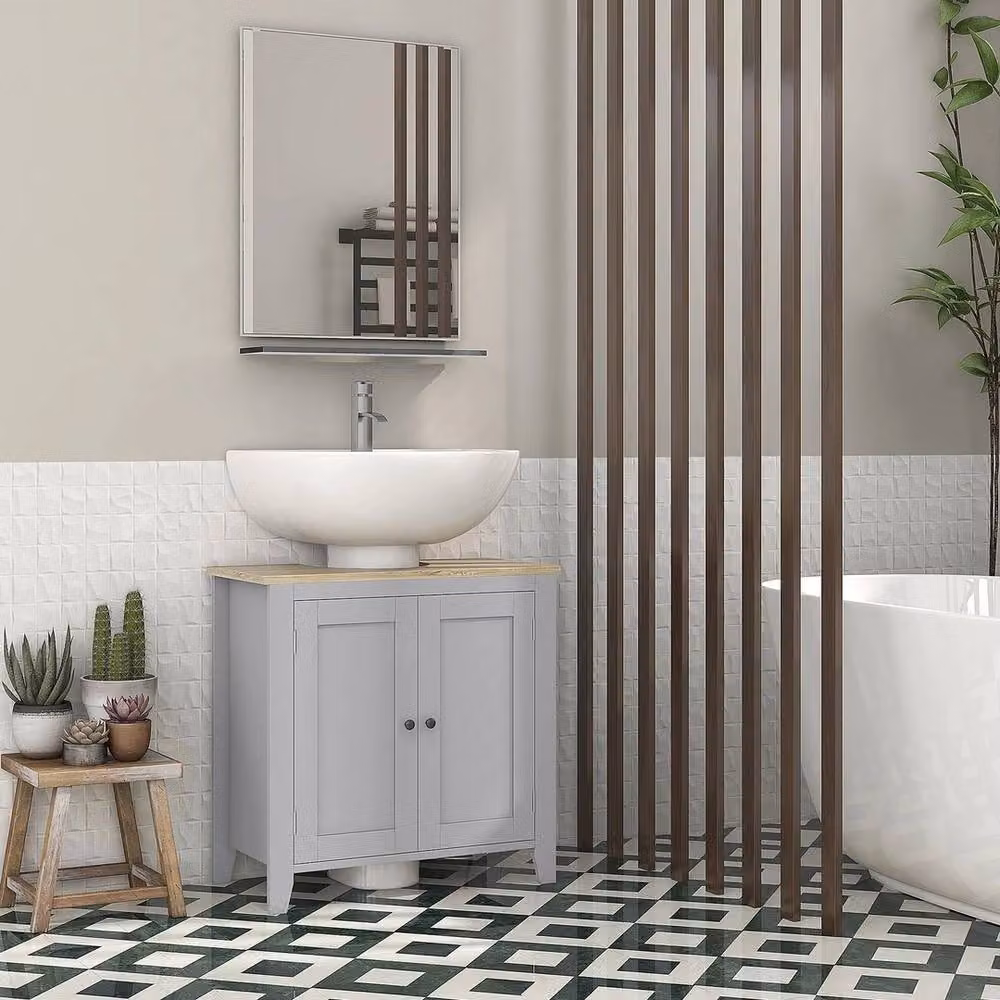 NESTLUNE Modern Grey Matt Freestanding Bathroom Pedestal Under Sink Cabinet with Hinged Doors and Internal Shelves – 2