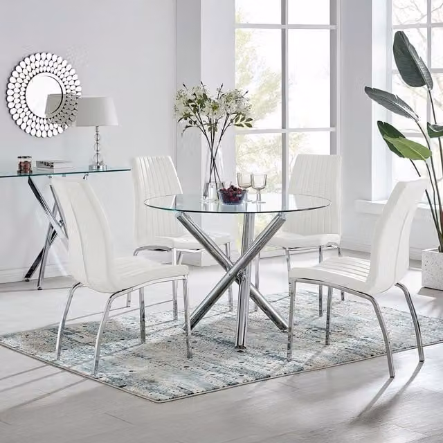 FurnitureboxUK Selina Round Glass Dining Table and Four Isco Chairs in White
