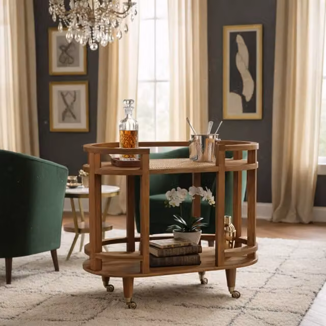 Artisan Furniture Saffron Round Mango Wood and Rattan Butler Table in Brown