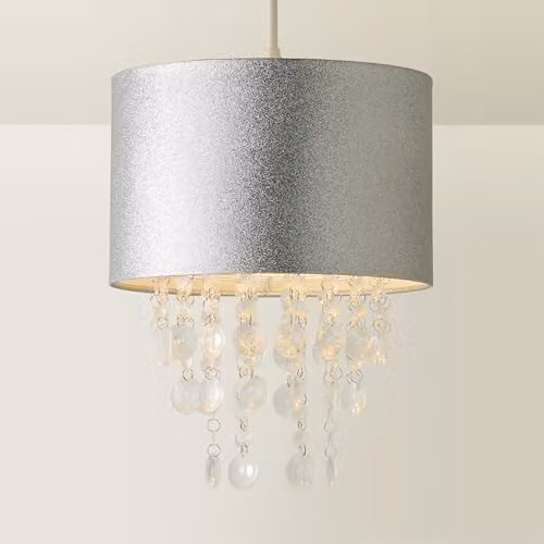 MiniSun Modern Silver Glitter Ceiling Light Shade with Transparent Acrylic Droplets and 10W Warm White LED Bulb, Shade Width: 28 cm