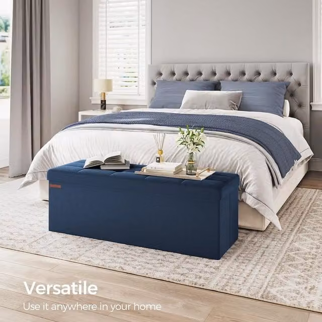 SONGMICS Foldable Small Storage Ottoman Foot Rest in Midnight Blue Velvet Fabric
