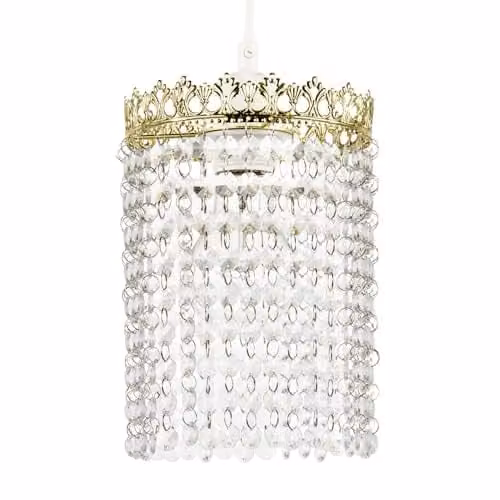 Happy Homewares Vintage Gold Crown Pendant Light Shade with Transparent Acrylic Beads, W: 22 cm, H: 15 cm – 1