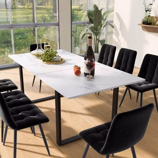Aosom.UK White Extendable Oblong Dining Table with MDF Marble Effect Top and Iron Metal Legs, W/D/H: 180 x 80 x 75 cm