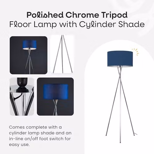 ValueLights Camden Modern Polished Chrome Metal Tripod Floor Lamp with Blue Fabric Cylinder Shade – 3