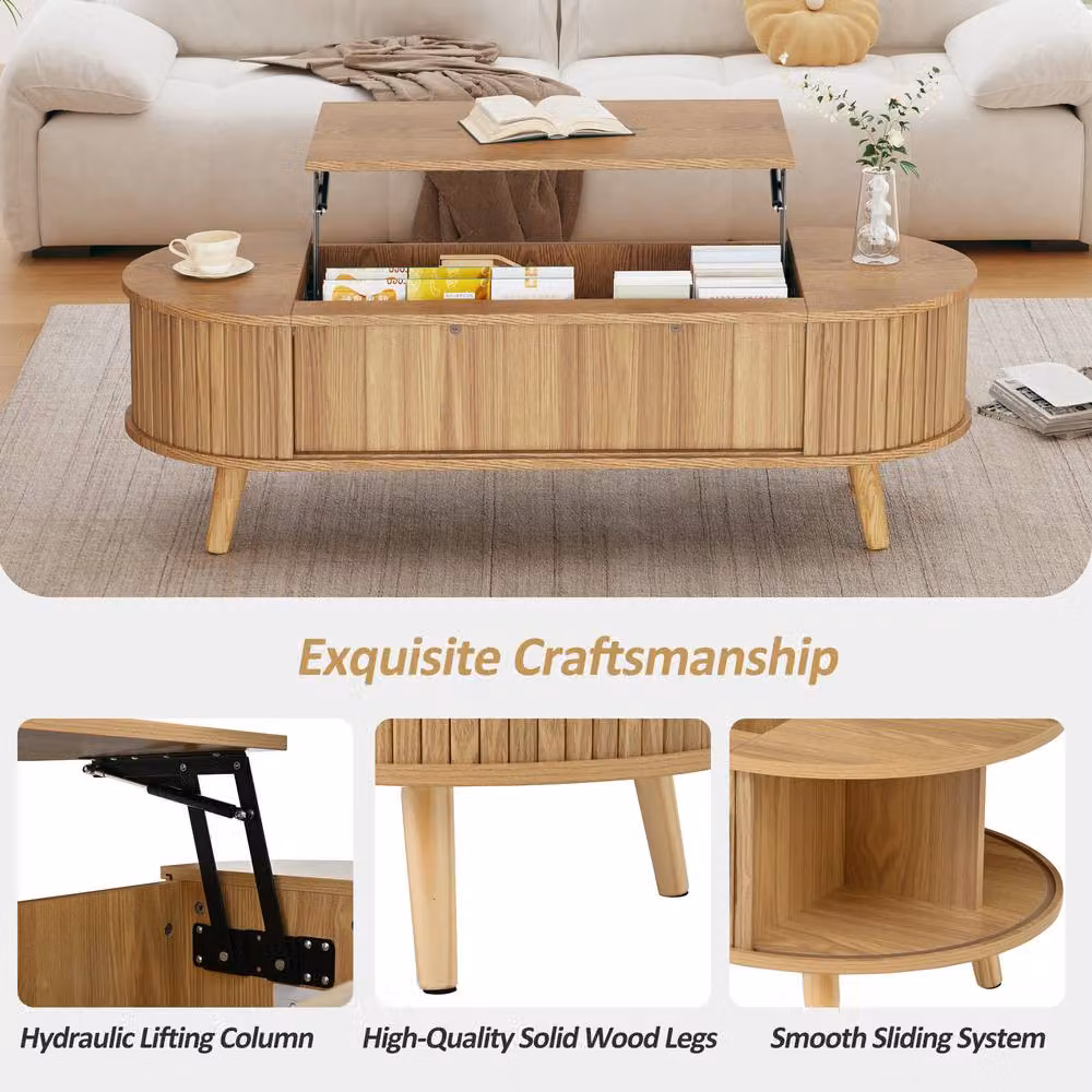BTM Oval Lift-Top Coffee Table in Brown Wood, W: 120 cm, H: 39.5 cm, D: 50 cm – 2