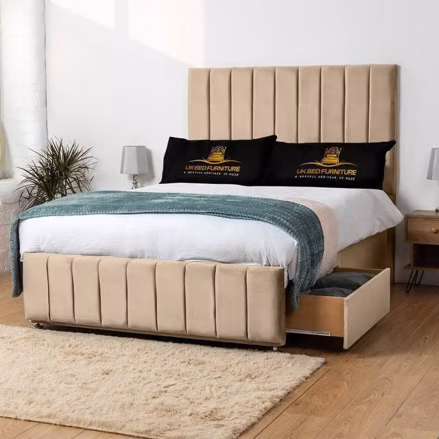 UK Bed Furniture Falcon Divan Bed with 2 Drawers and 26 Inch Headboard, Beige, Super King, W/D/H: 200 x 200 cm