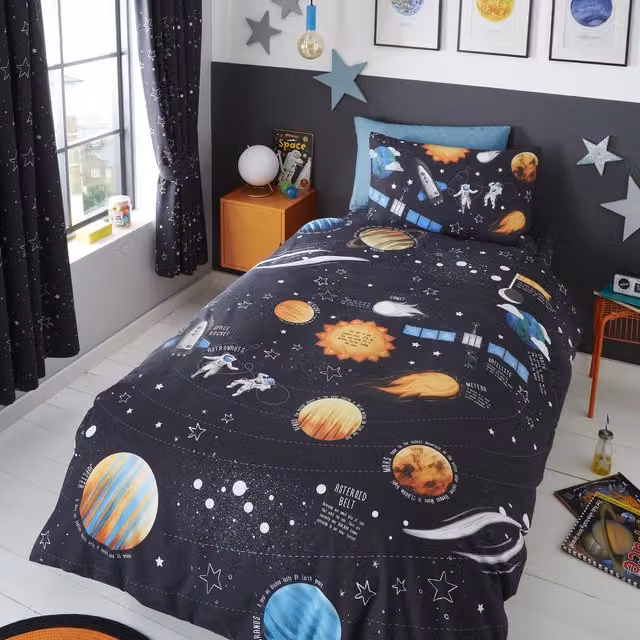 Happy Linen Company Reversible Blue Graphic Kids Bedding Duvet Cover and Pillowcase Set, W/D/H: 200 x 200 cm and 50 x 75 cm