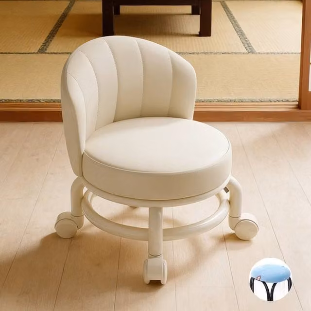 Havendro White Low Cylindrical Stool with Castors and Synthetic Leather Upholstery – 1