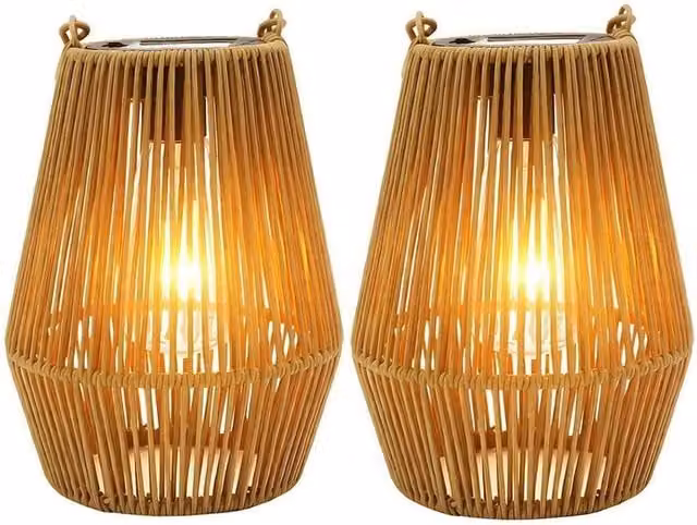 Nordara Set of 2 Solar Rattan Hanging LED Lanterns in Brown with Warm White Light and Dusk Sensor, IP44 Rated – 1