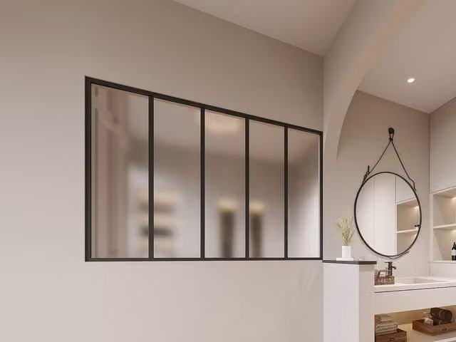 Vente-unique Powder-Coated Aluminium and Frosted Glass Partition in Black, W: 150 cm, H: 105 cm – 1