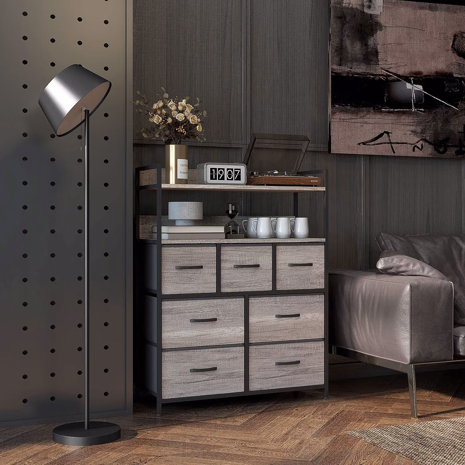 HOMCOM Rustic Seven Drawer Fabric Chest in Grey Wood Effect – 2