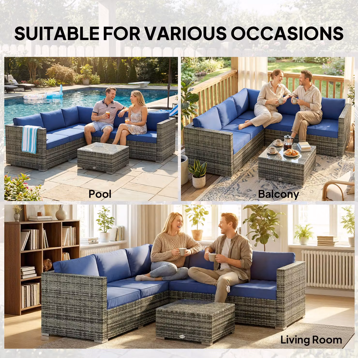 Outsunny 4-Piece Blue Rattan Garden Sofa Set with Cushions and Coffee Table – 7