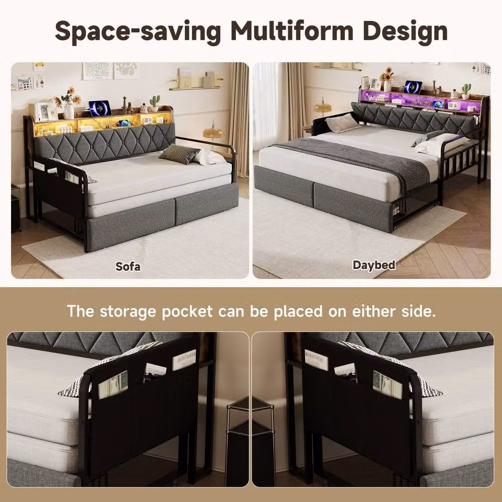 Matteo Upholstered Single Daybed with Trundle, Storage Drawers, LED Lighting and USB Charging Port in Grey – 4