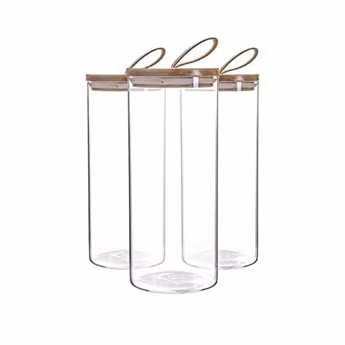 Argon Tableware Scandi Airtight Glass Storage Jars with Brown Leather Loop Lids, 1.5 l, 3 Pack – 1