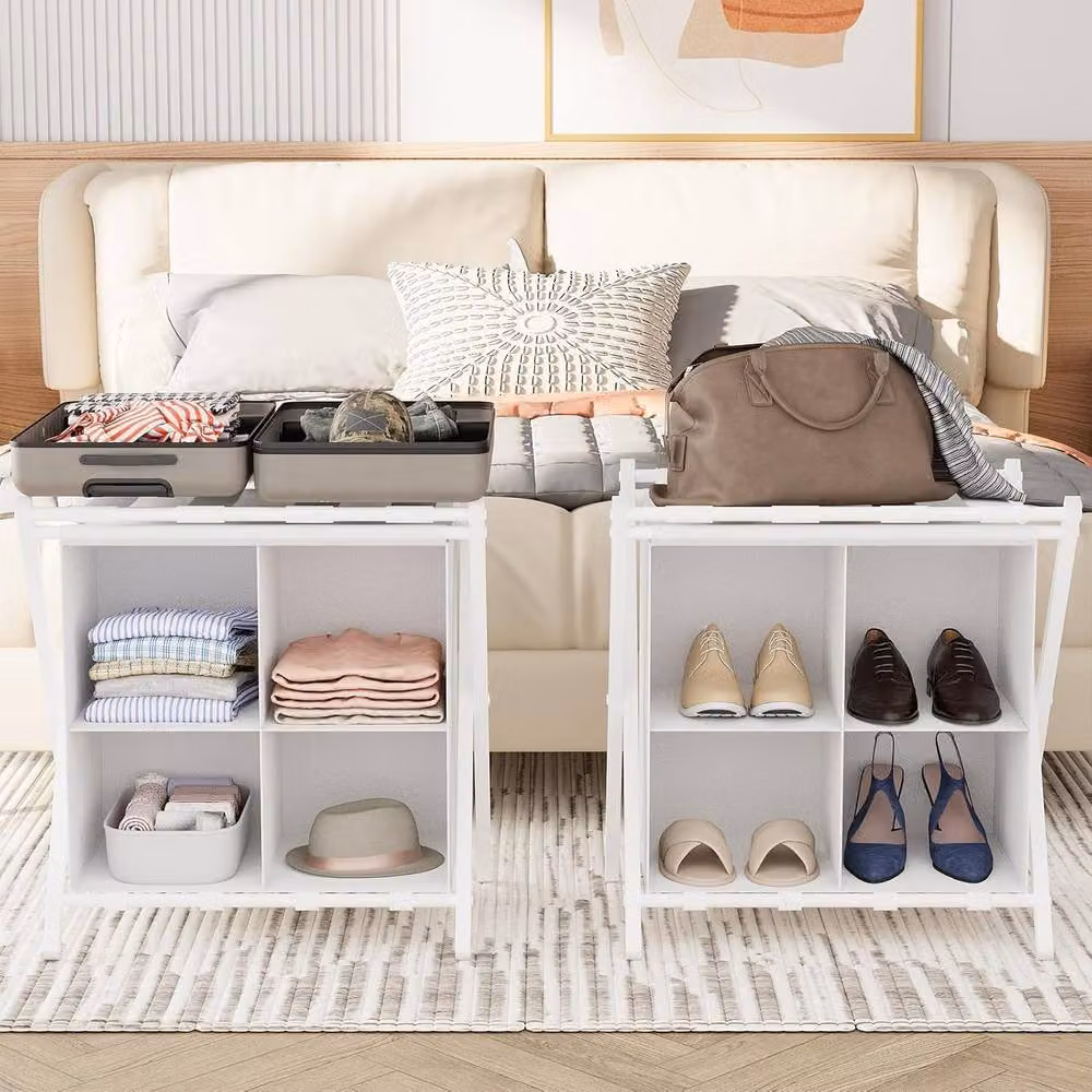 Huhote 2 Tier Metal Folding Luggage Rack with Storage in White – 2