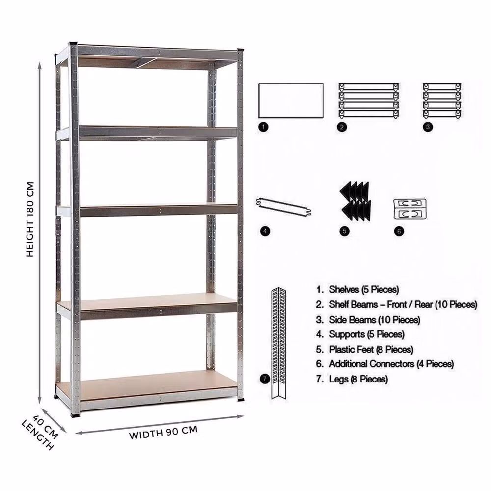 EONLION 5 Tier Metal and MDF Garage Storage Racking Shelf in Silver, W/D/H: 100 x 40 x 200 cm – 2