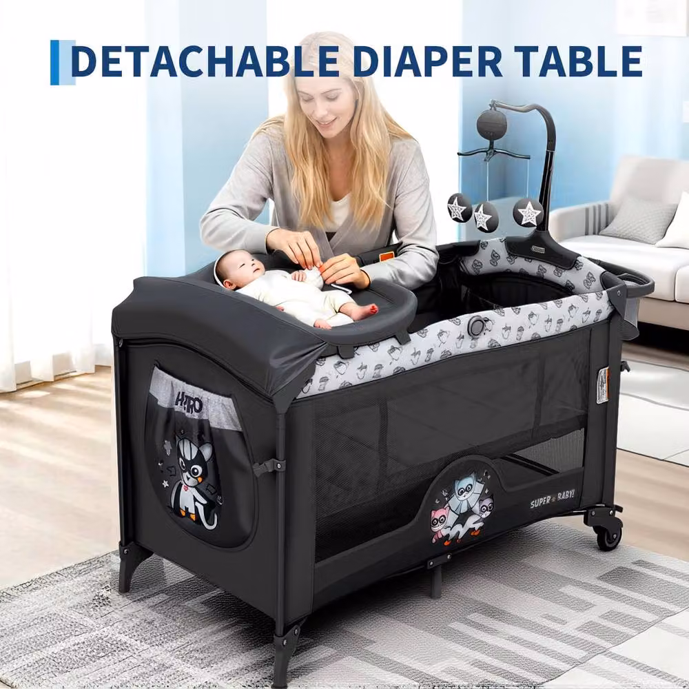 London Boutique 4 in 1 Pack & Play Baby Bassinet Sleeper, Portable Playpen and Changing Table in Black, W/D/H: 120 x 60 cm – 2