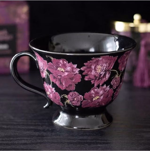 KDMD Dark Romance Floral Ceramic Teacup, 320ml, Black with Purple Design