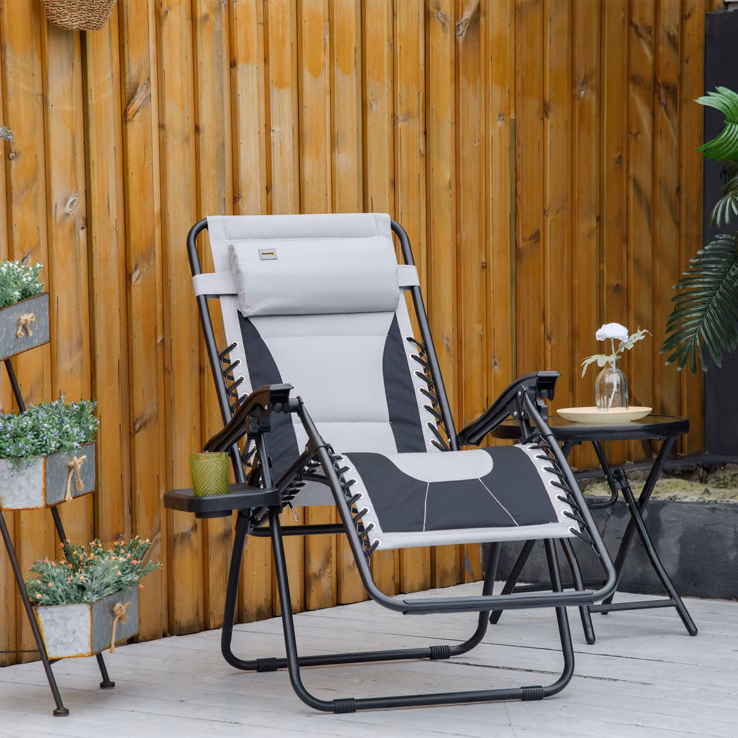 Outsunny Zero Gravity Folding Recliner Chair with Adjustable Headrest and Cup Holder, Light Grey – 2