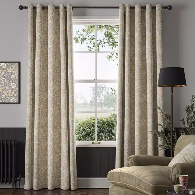 William Morris Foliage Made To Measure Blackout Eyelet Curtains in Beige and Grey Cotton
