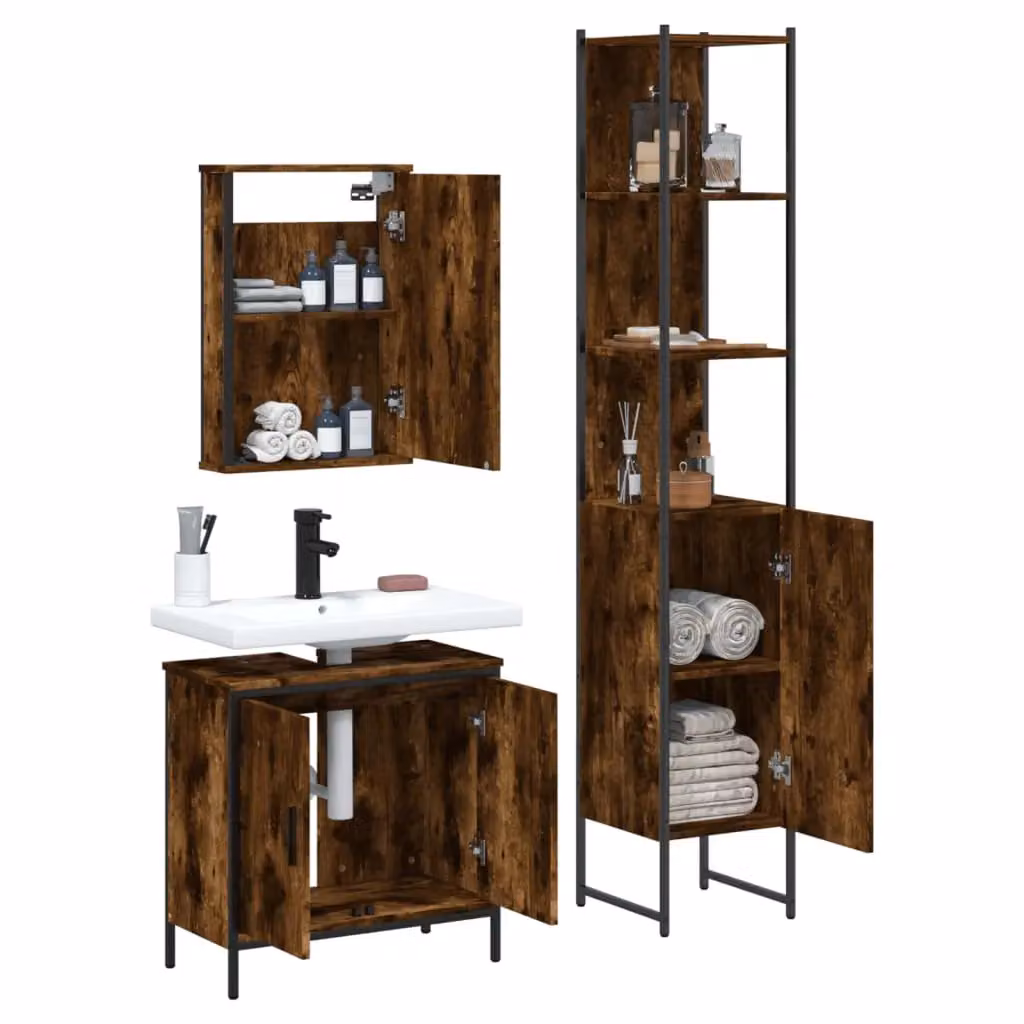 Berkfield Home 3 Piece Brown Smoked Oak Bathroom Furniture Set with Mirror Cabinet and Vanity Unit – 3