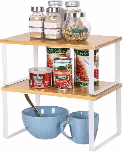 Xample Set of 2 Stackable and Expandable Kitchen Countertop Cabinet Organiser Shelves in Sand, Beige or White – 1