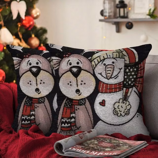 Velosso Snowman and Reindeer Filled Christmas Cushion, Multicolour, W/D/H: 43 x 43 x 43 cm