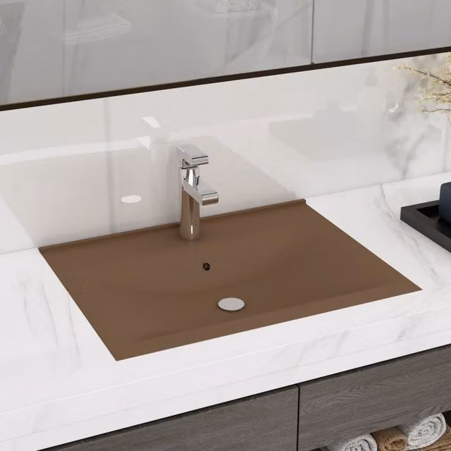 Berkfield Home Luxury Rectangular Ceramic Wall Hung Basin with Faucet Hole in Beige, W: 60 cm, D: 46 cm, H: 16 cm