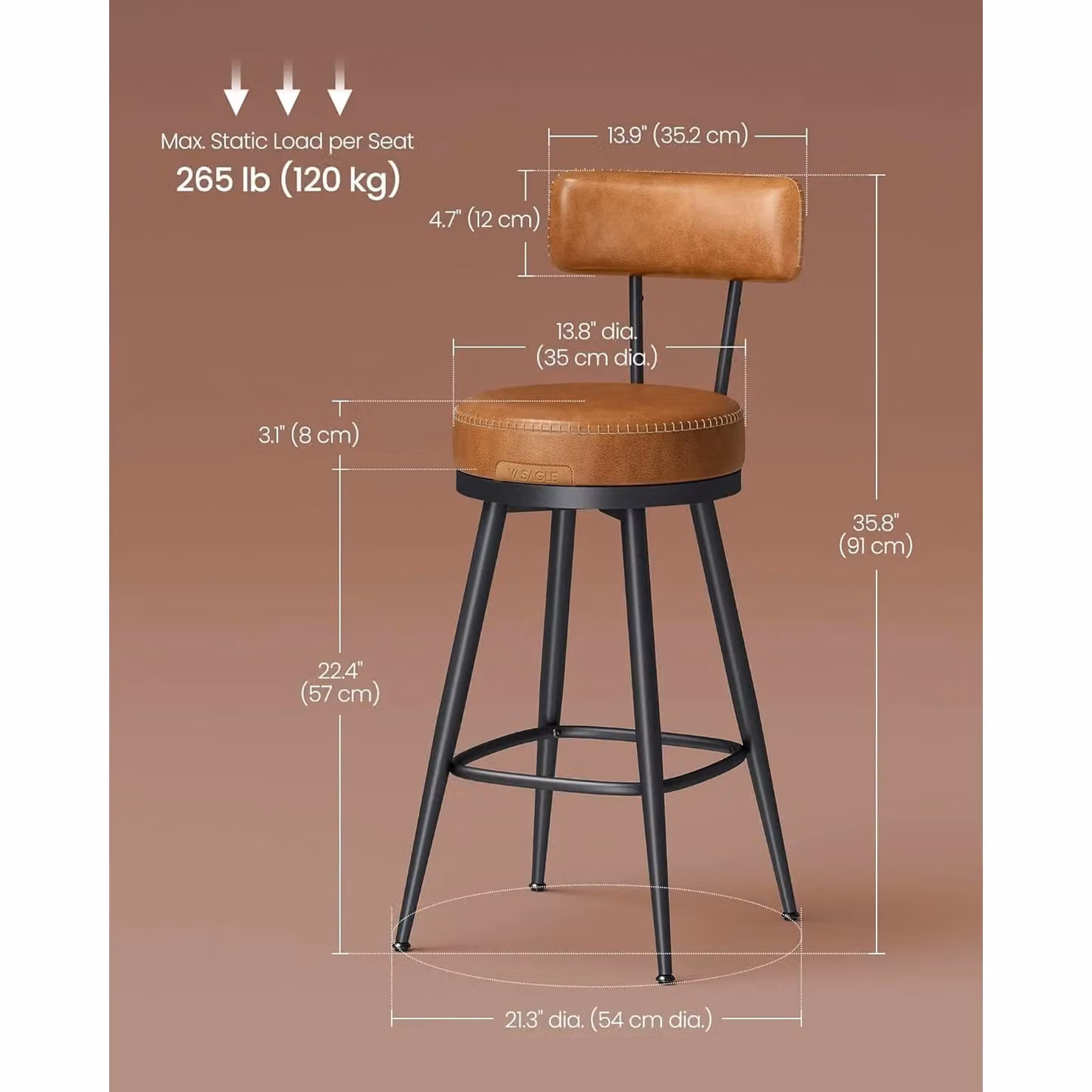 VASAGLE Set of 2 Modern 360 Swivel Bar Stools with Backrests in Brown Synthetic Leather and Metal – 2