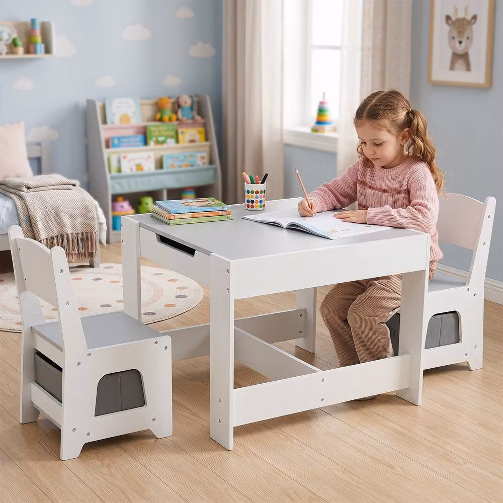 Gymax Childrens Activity Table and 2 Chairs Set with Detachable Dual-Sided Reversible Tabletop in Grey and White – 2
