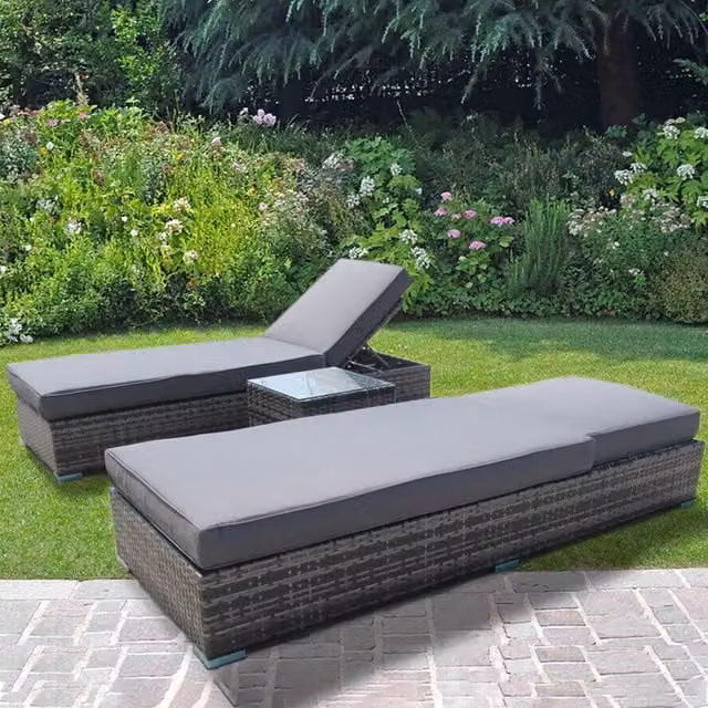 UK Leisure World Grey Rattan Wicker Sun Lounger Set with Weatherproof Cushions and Adjustable Headrests