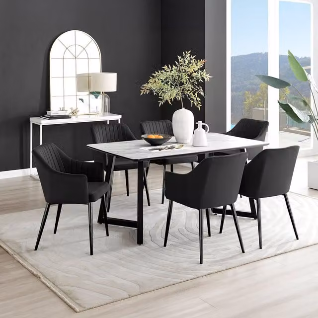 FurnitureboxUK Carson White Marble Effect Dining Table and 6 Calla Black Leg Chairs – 1