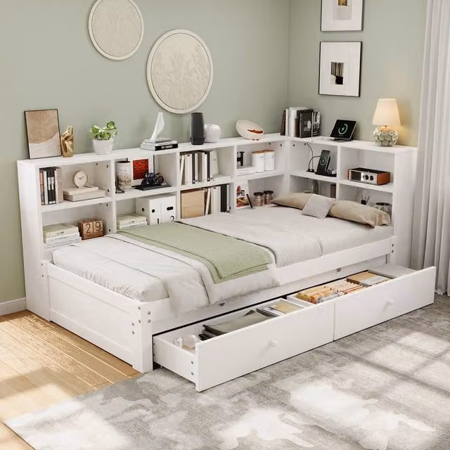 Merax White 3ft Single Daybed with Trundle Bed, USB Charging Station and Drawers, W/D/H: 90 x 190 cm