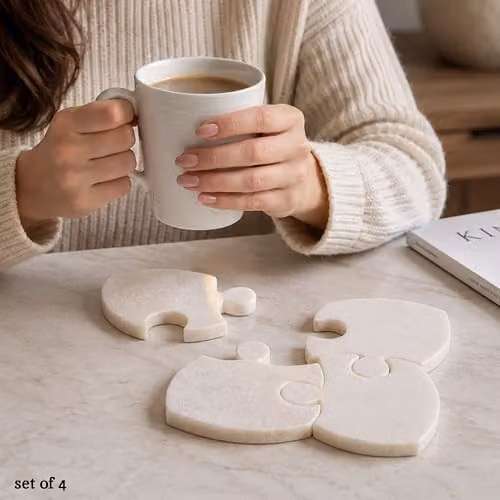 Orsina Marble Jigsaw Coasters, Set of 4, White, W/D: 17 x 17 cm – 2