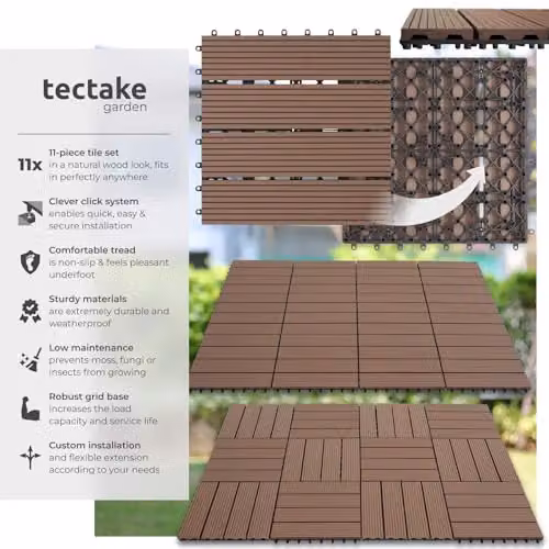 tectake 11-Piece WPC Decking Tile Set in Brown, 1.0571m² Total Area, 31 x 31 cm per Tile – 2