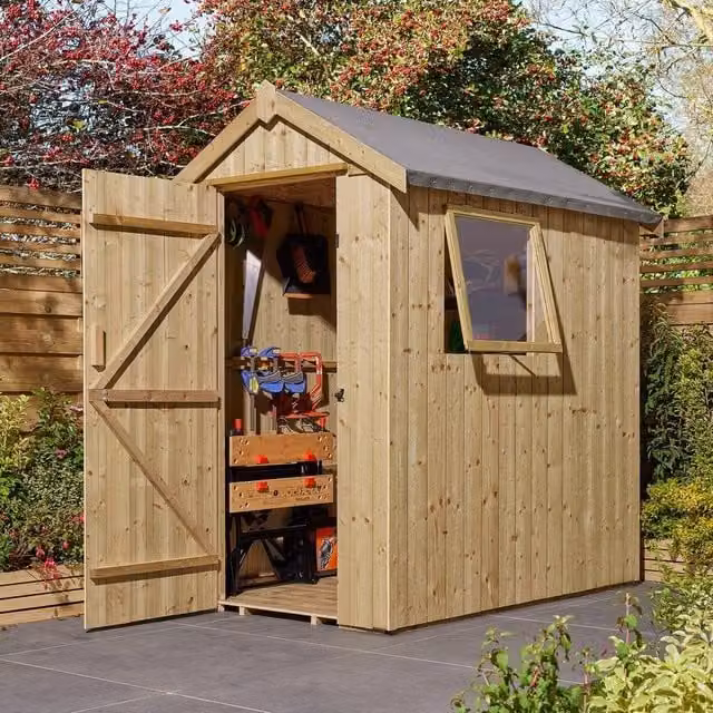 Rowlinsons Heritage Gable Shed in Brown, Pressure Treated Spruce Wood with Single Door and Window, W/D/H: 140 x 189 x 214 cm – 1