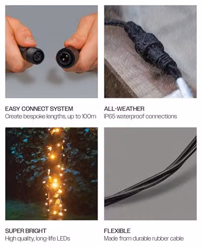 Eagle Connect 40 LED Warm White Outdoor Fairy String Lights with Black Rubber Cable, IP65 Waterproof, Mains Powered – 3