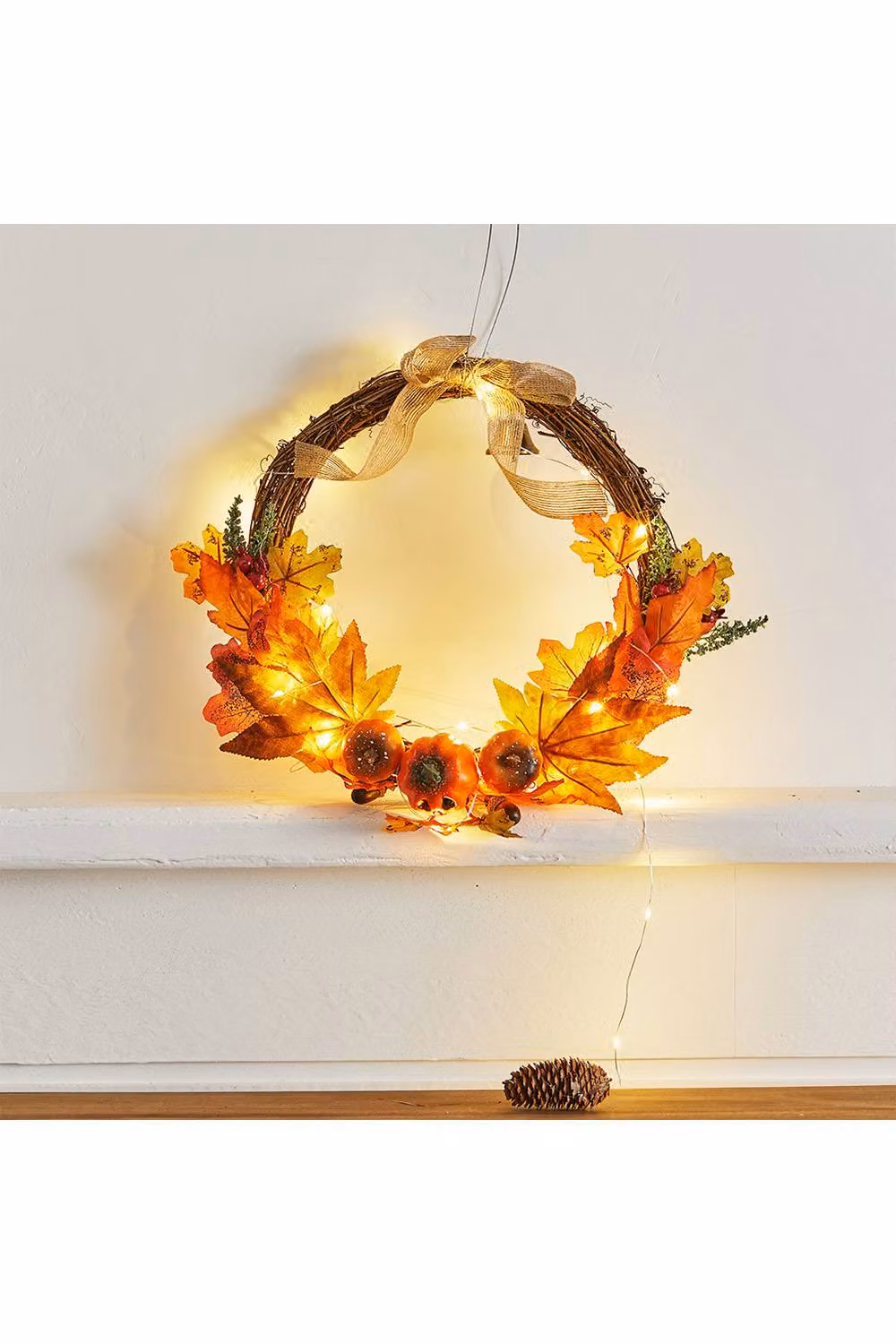 H&O Direct Orange Artificial Pumpkin and Maple Leaves Wreath with Bell, Diameter: 40 cm – 3
